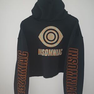 Black Cropped Hoodie with Orange and Blue Graphics